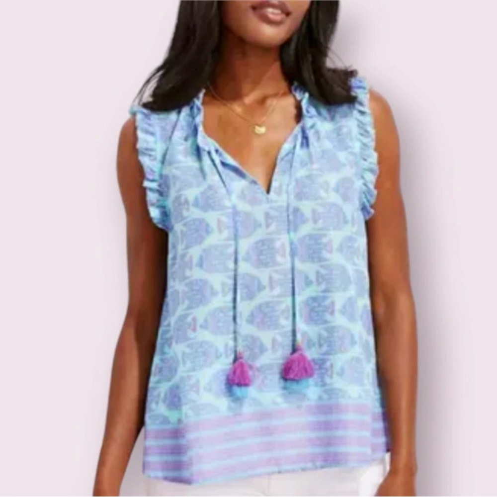 NEW Vineyard Vines Blue Pink Fish Print Tassel Popover Sleeveless Ruffle Top XS